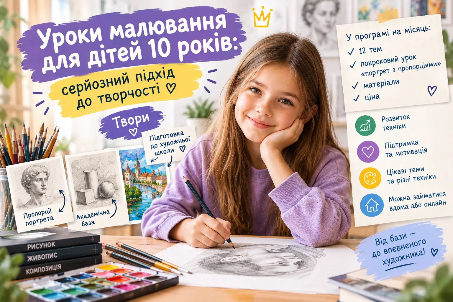 Дитина 10 років малює академічний портрет на уроці рисунку