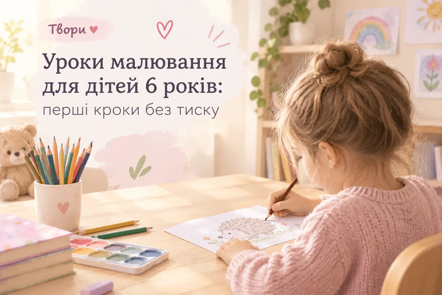 Дитина 6 років малює гуашшю за столом на уроці малювання