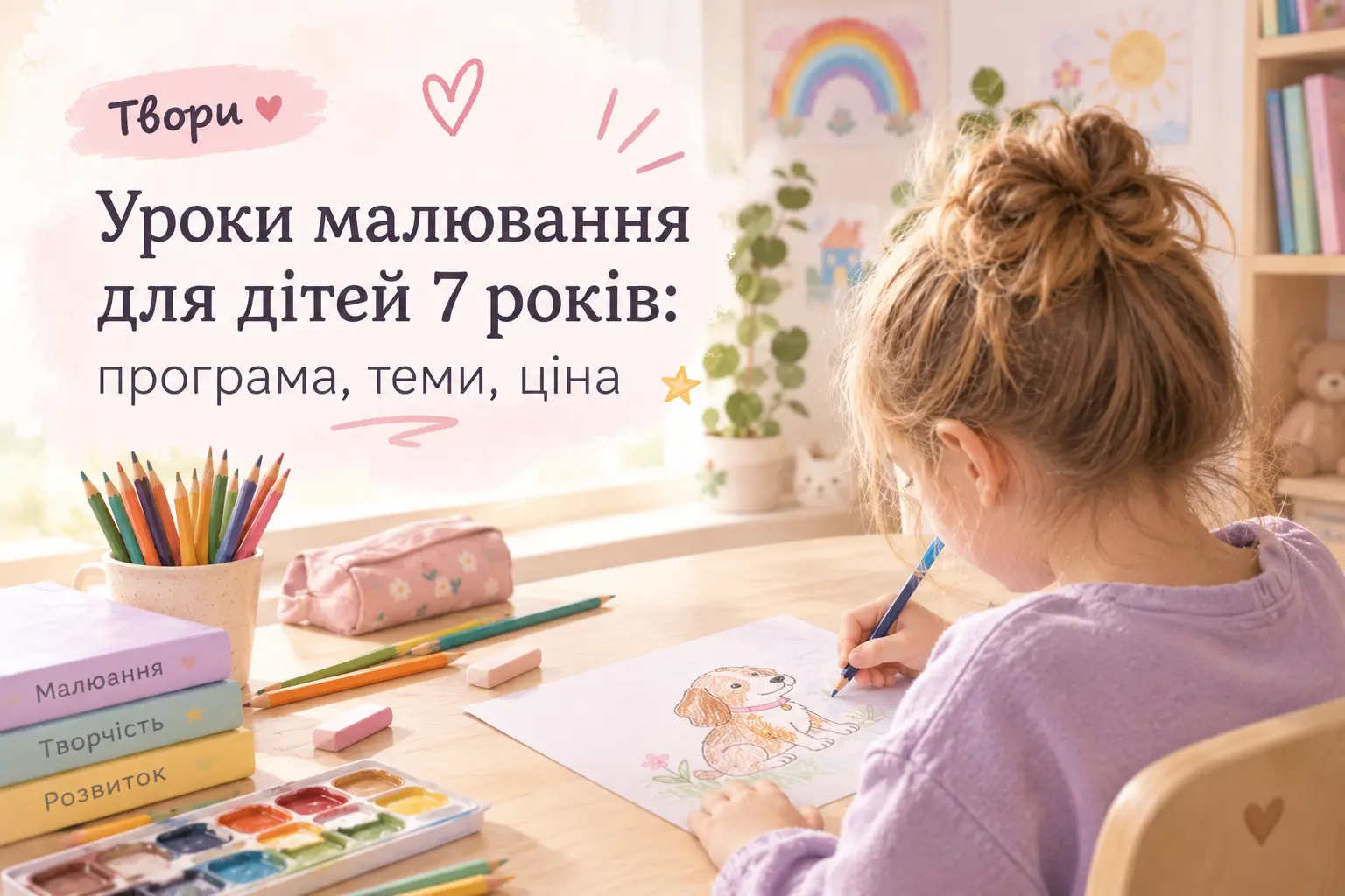 Першокласник малює олівцем за столом на уроці малювання
