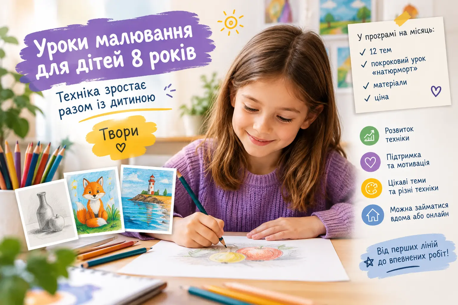 Дитина 8 років малює олівцем натюрморт на уроці малювання