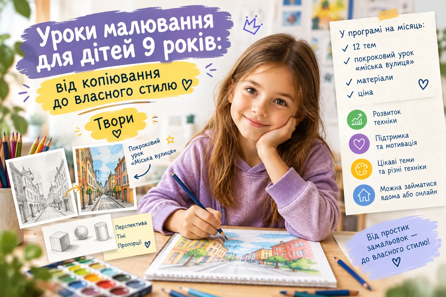 Дитина 9 років малює міський пейзаж у перспективі на уроці малювання