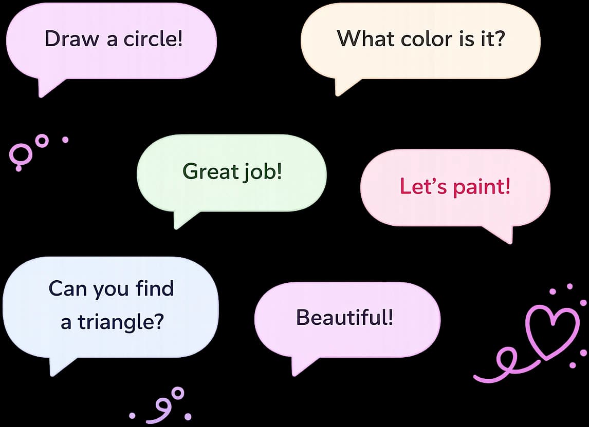 Draw a circle! What color is it? Great job! Let's paint! Can you find a triangle? Beautiful!