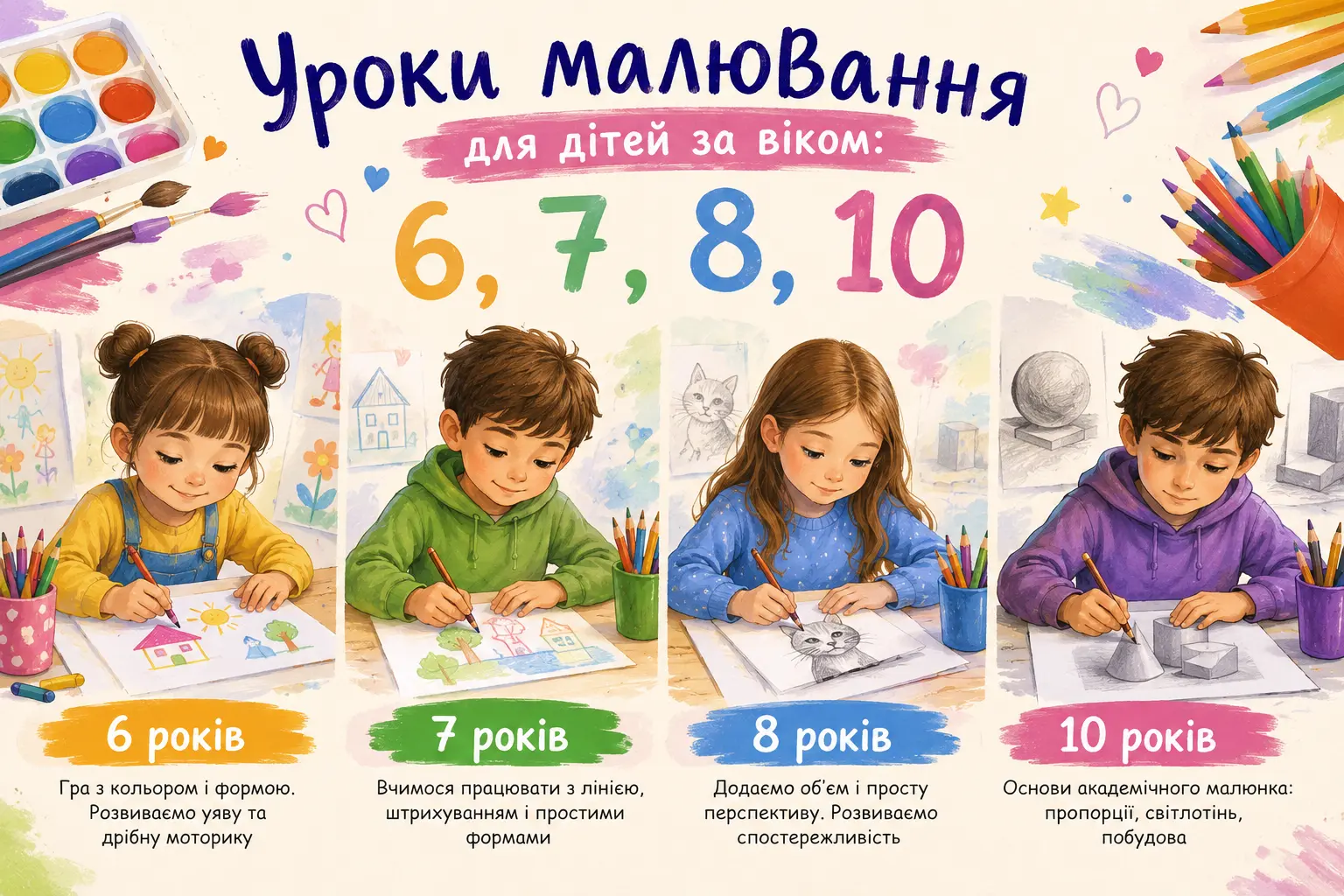 Діти різного віку малюють за одним столом на уроці малювання