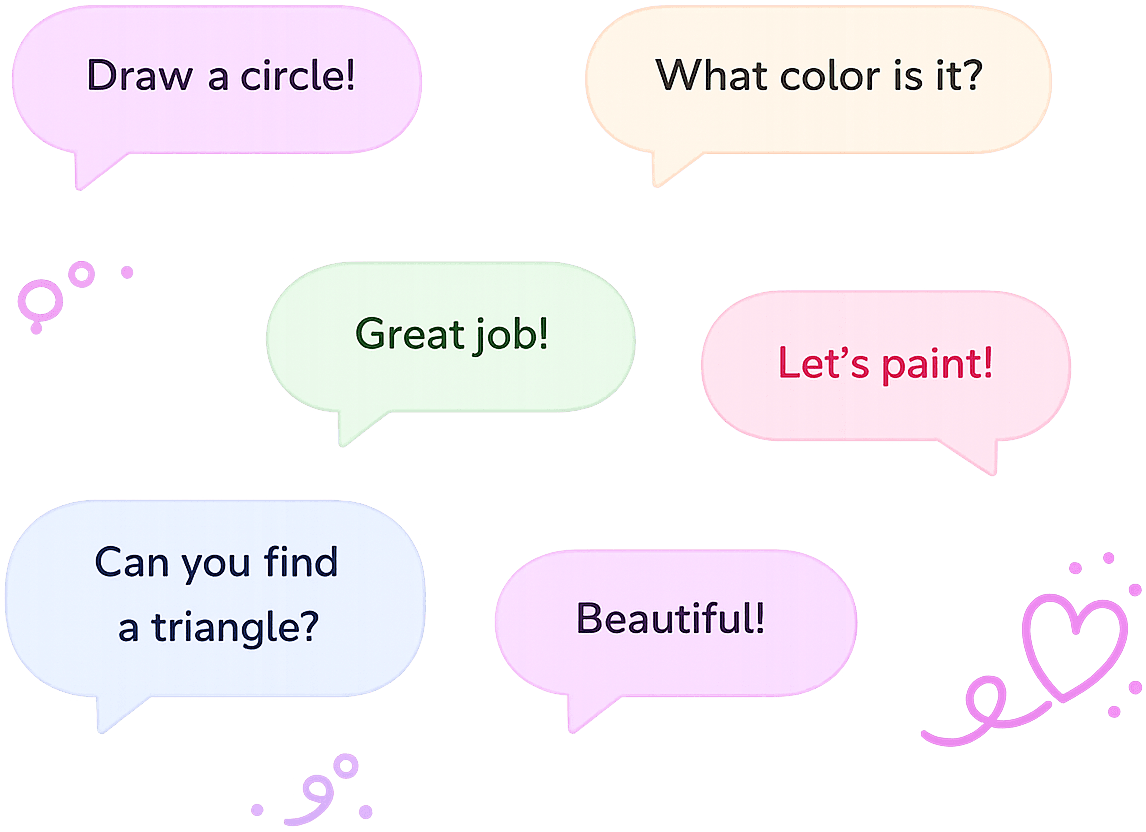 Draw a circle! What color is it? Great job! Let's paint! Can you find a triangle? Beautiful!